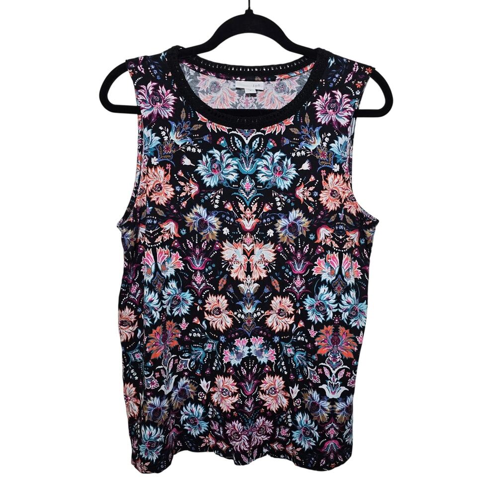 J Jill Tank Top Women Size Small Black Floral Crochet Neck Stretch Casual Summer